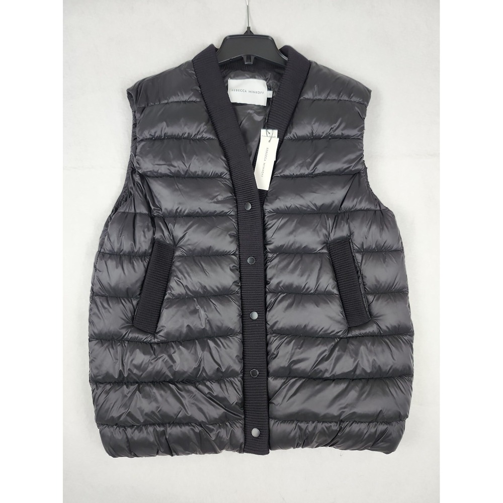 Rebecca Minkoff NWT Puffer Vest Womens Size L Black Button-up Pockets Sleeveless